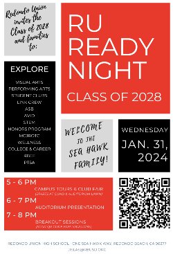 Redondo Union invites you to RU Ready Night - Class of 2028 on Wednesday, January 31, 2024, from 5-8 PM